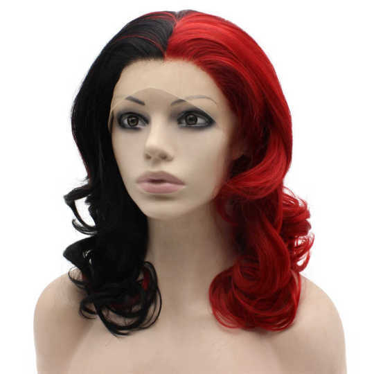 Medium Long Wavy Half Black Red Two Tone Lace Front Wig Synthetic half black half red wig