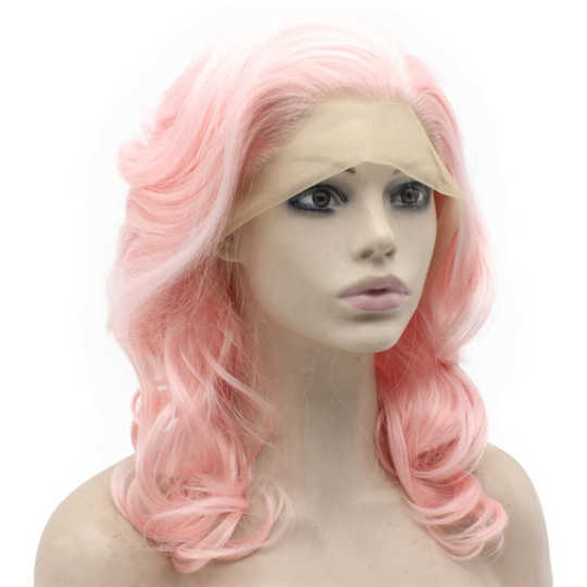 Medium Long Wavy Heat Resistant Fiber Pink Lace Front Wig Shoulder Length Wavy Pink Lace Front Synthetic Natural Women's Wigs Online Store
