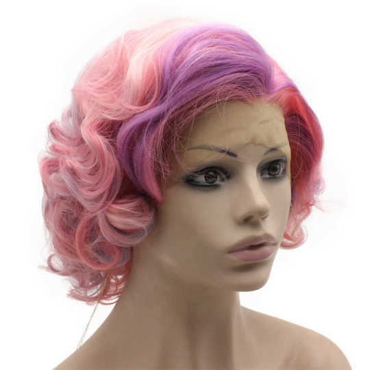 Multicoloured Highlighted Short Curly Wig Short Curly Lace Front Pink Cosplay Party Wig With Highlight Strands