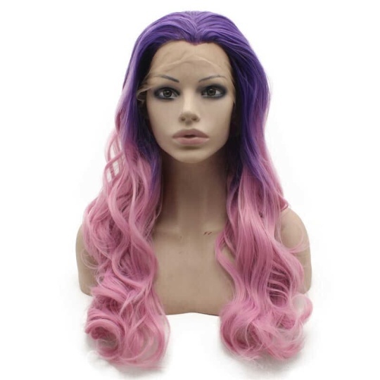Long Wavy Ombre Purple Pink Two Tone Lace Front Party Wig ombre pink wig | pink ombre wig