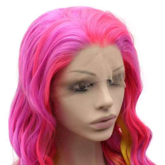 Long Pink and Yellow Wavy Costume Wig