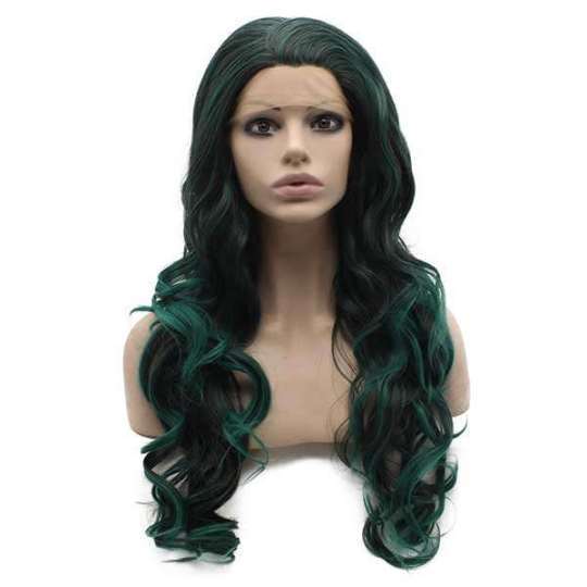 Rich Dark Green Long Wavy Wig Long Wavy Dark Green Tip Synthetic Lace Front Wig Heat Resistant