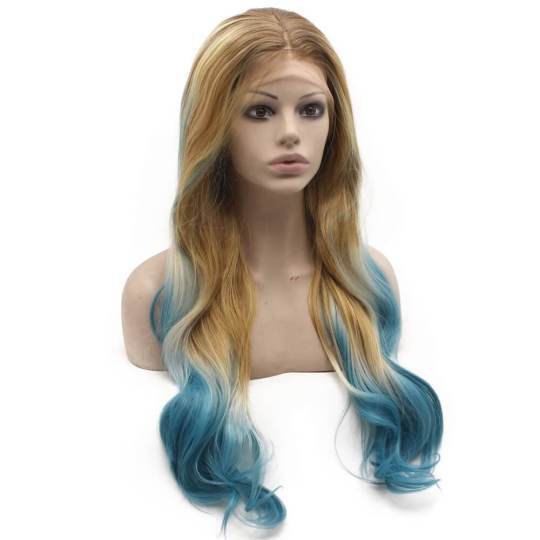 Long Wavy Blonde Blue Ombre Hand Tied Lace Front Synthetic Wig