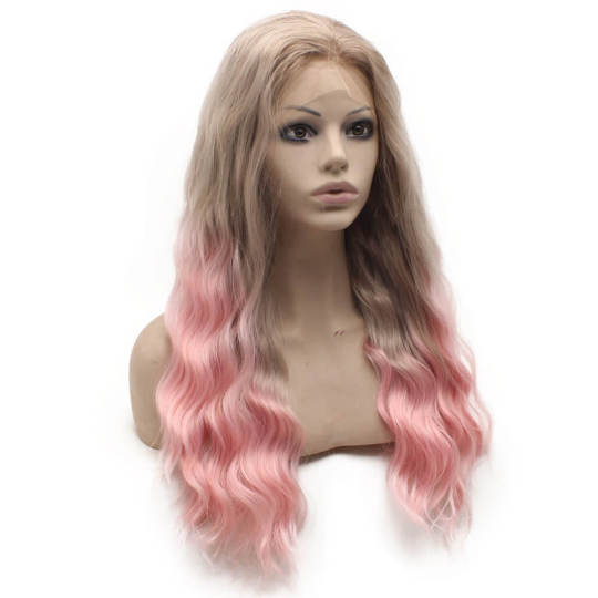Long Wavy Synthetic Lace Front Blonde Pink Ombre Cosplay Heat Resistant Wig