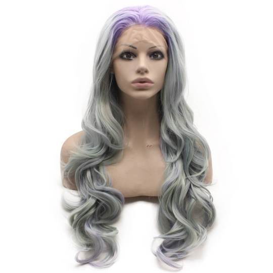 Long Wavy Purple Root Ash Blue Heat Friendly Fiber Hair Lace Front Wig
