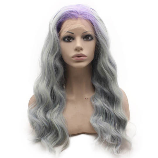 Long Wavy Purple Roots Ash Blue Synthetic Lace Front Wig