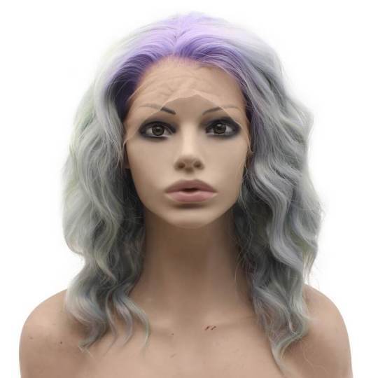Shoulder Length Stylish Purple Roots Ash Blue Lace Front Natural Synthetic Wig