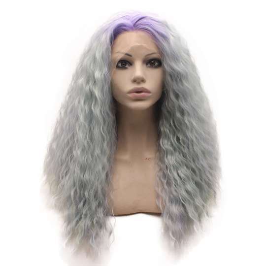 Loose Curly Synthetic Lace Front Purple Roots Ash Blue Wig