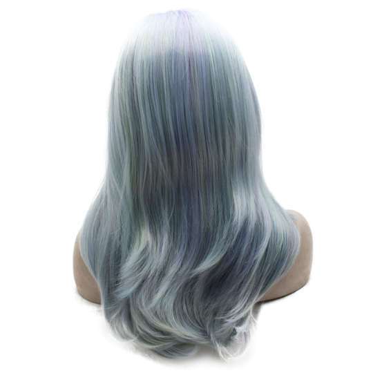 Shoulder Length Side Part Synthetic Lace Front Purple Roots Light Blue Wig