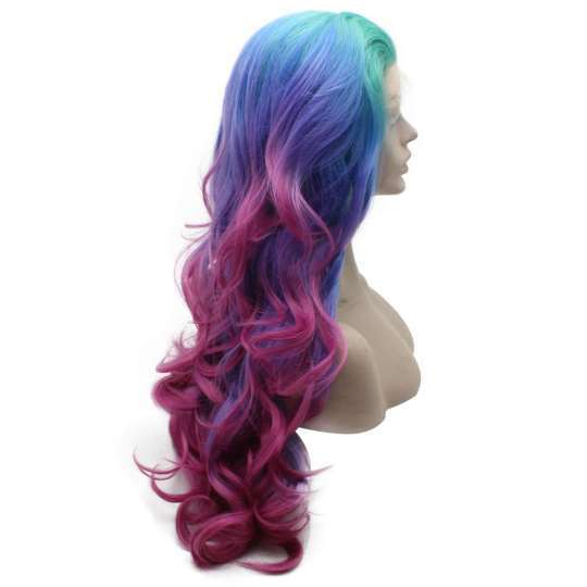 Long Wavy Green Roots Blue Purple Mix Heat Friendly Synthetic Lace Front Wig