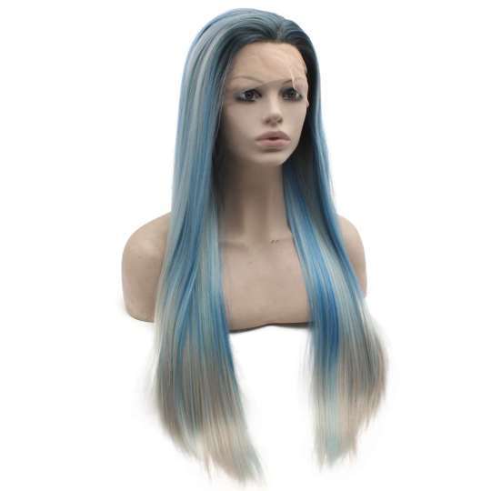Extra Long Straight Dark Roots Ombre Blue Heat Friendly Lace Front Wig