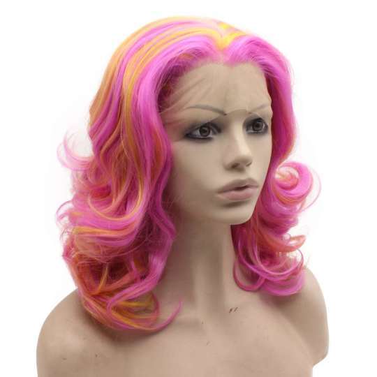 Shoulder Length Pink Yellow Mix Wig Synthetic Lace Front Wavy Wig