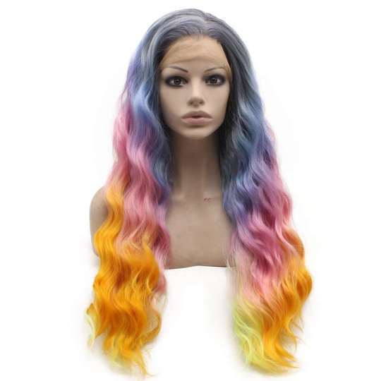 Long Wavy Dark Roots Blue Pink Orange Mix Synthetic Lace Front Rainbow Color Wig