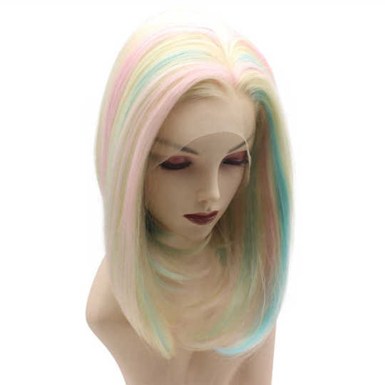 Shoulder-Length Bobbed White Blonde Wig with Blue Pink Highlights pale blonde wig | white cosplay wig