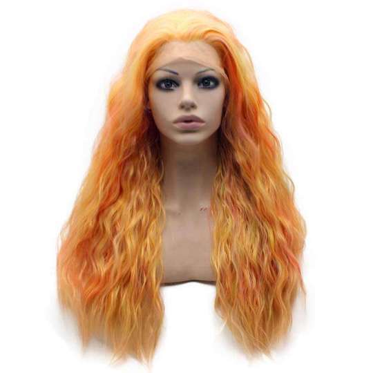 Multi Colored Orange Kinky Curly Ombre Wig Long Wavy Hand Tied Lace Front Blonde Green Ombre Party Wig