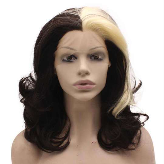 Synthetic Black with Blonde Strand Lace Front Shoulder Length Wavy Wig