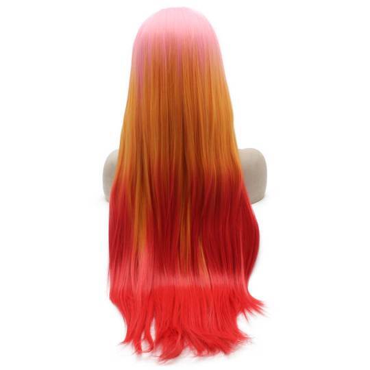 Long Straight Synthetic Lace Pink Orange Red Mix Wig