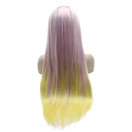 Long Straight Dark Root Light Pink with Yellow End Synthetic Lace Front Wig