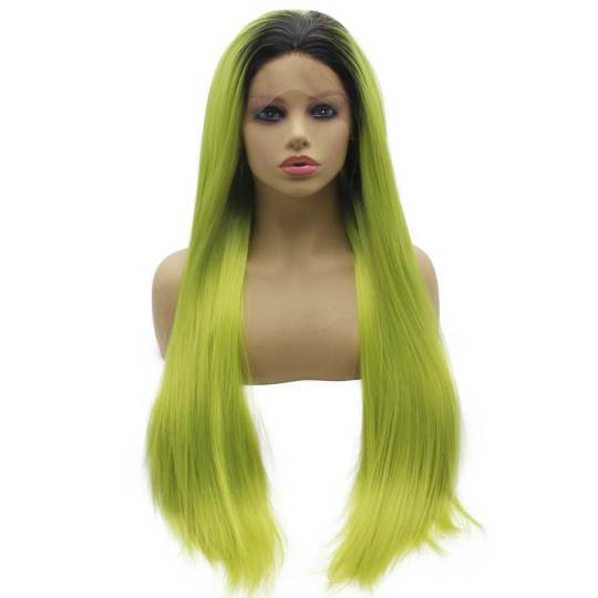 Long Straight Dark Root Green Synthetic Lace Front Wig