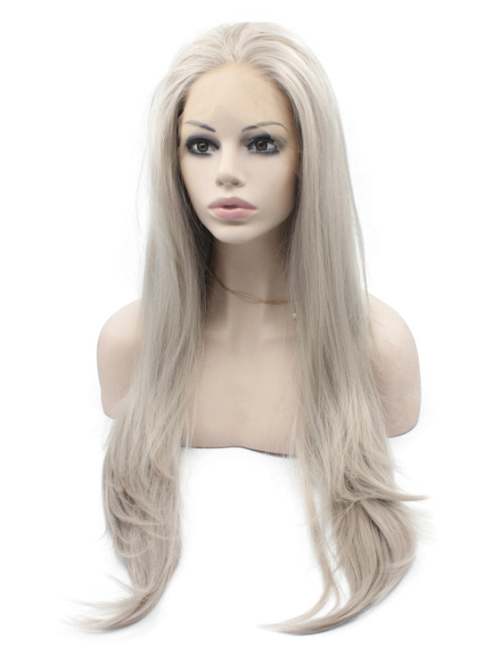 Silver Straight Long Synthetic Lace Front Wig