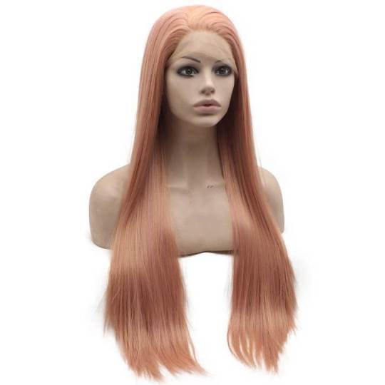 Long Straight Rose Pink Synthetic Lace Front Wig