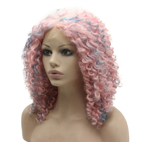 Afro Curly Lace Front Pink Highlight Blue Stylish Wig Shouler Length