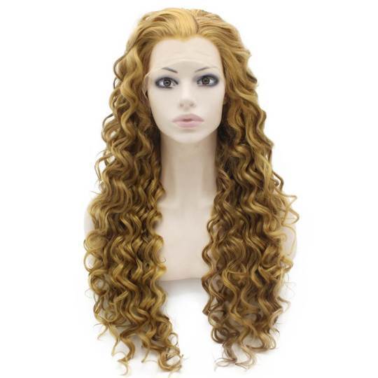 Long Curly Blonde Mix Heat Resistant Fiber Hair Lace Front Wig