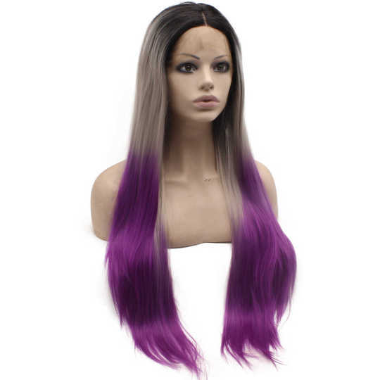 Long Straight Dark Root Gray Purple Ombre Synthetic Lace Front Wig Long Straight Dark Root Gray Purple Ombre Synthetic Lace Front Wig