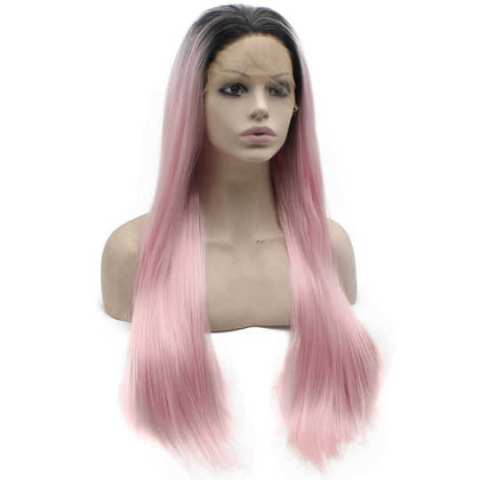 Long Straight Synthetic Lace Front Black Root Pink Ombre Wig Long Straight Synthetic Lace Front Black Root Pink Ombre Wig