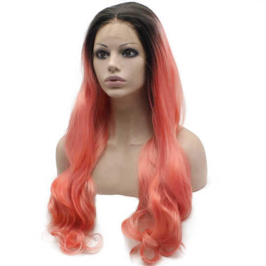 Long Wavy Black Root Pink Ombre Synthetic Lace Front Wig Long Wavy Black Root Pink Ombre Synthetic Lace Front Wig