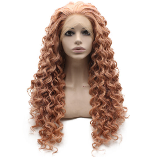 Long Curly Rose Pink Heat Resistant Fiber Hair Lace Front Wig