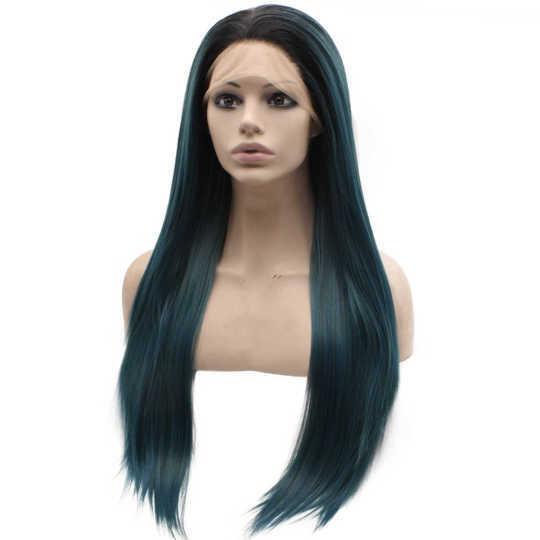 Long Straight Dark Root Dark Blue Ombre Synthetic Lace Front Wig Long Straight Dark Root Dark Blue Ombre Synthetic Lace Front Wig