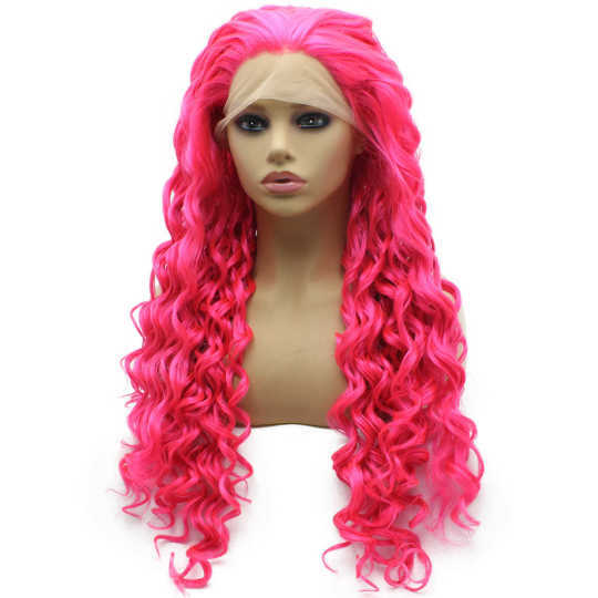 Long Curly Hot Pink Heat Resistant Fiber Hair Lace Front Wig