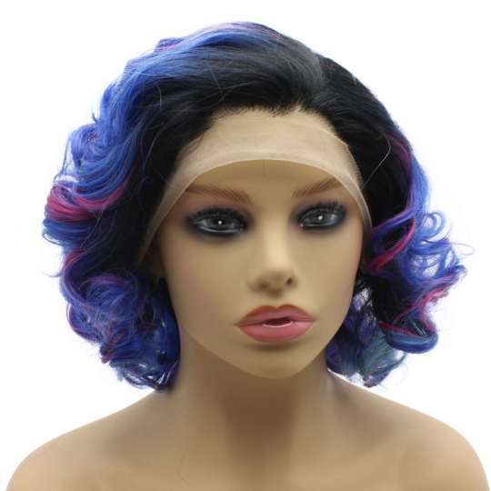 Short Curly Ombre Blue Pink Wavy Synthetic Wig