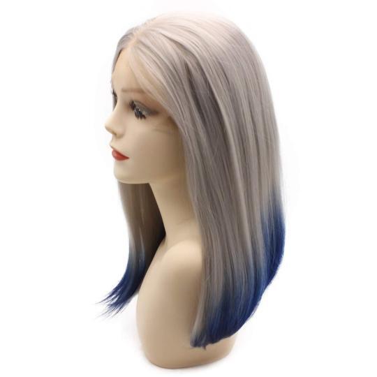 Short Bob Straight Dark Roots Blue Wig Half Hand Tied Synthetic Lace Front Heat Friendly Fiber