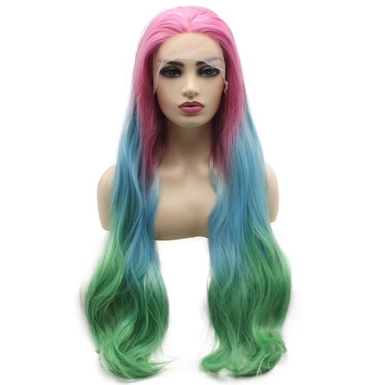 Pink Green Blue Mix Color Synthetic Lace Front Wig