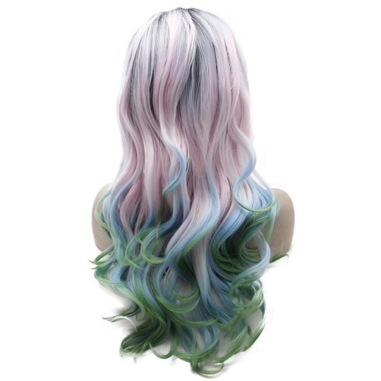 Dark Root Pink Green Blue Mix Color Synthetic Lace Front Wig
