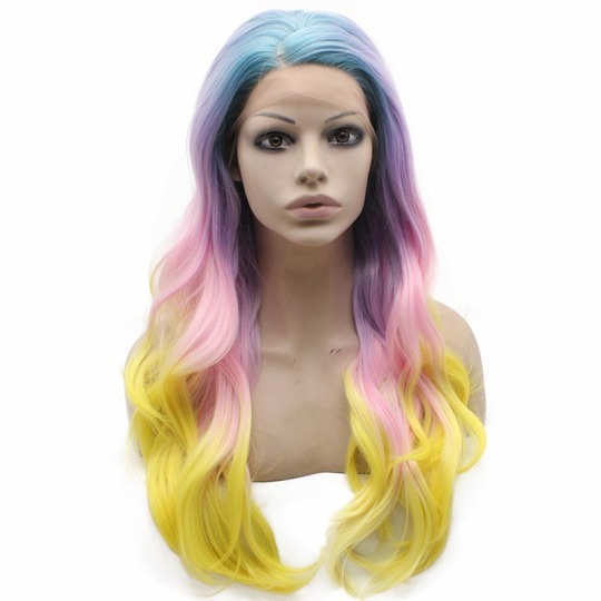 Long Wavy Blue Purple Yellow Mix Color Synthetic Lace Front Wig
