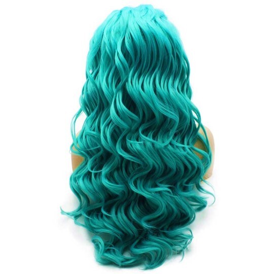 Long Wavy Hand Tied Front Lace Synthetic Turquoise Teal Blue Wig