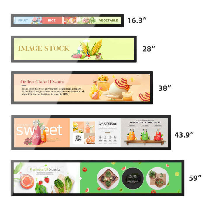 CUSTOM size 7"-98" banner supermarket stretched bar lcd ultra wide shelf edge advertising screen monitor digital signage and display