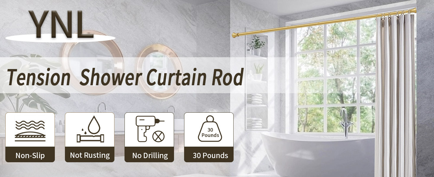 Gold Shower Curtain Rod, Never Rust, No Drill, Non-Slip Tension Rod Adjustable 42-72 Inches with 12 Shower Curtain Rings - Shower Curtain Rod for Bathroom, Stainless Steel   