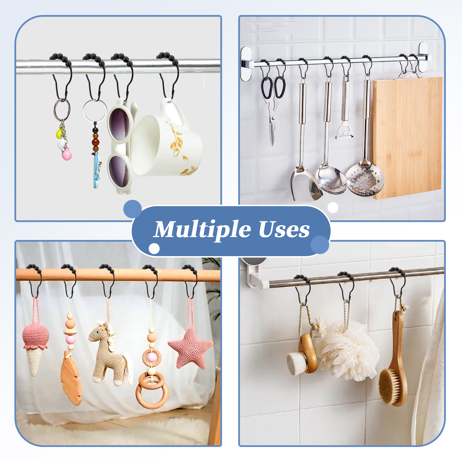 Shower Curtain Hooks Shower Curtain Rings Stainless Steel Black Shower Curtain Hooks Smooth Sliding for Curtain  