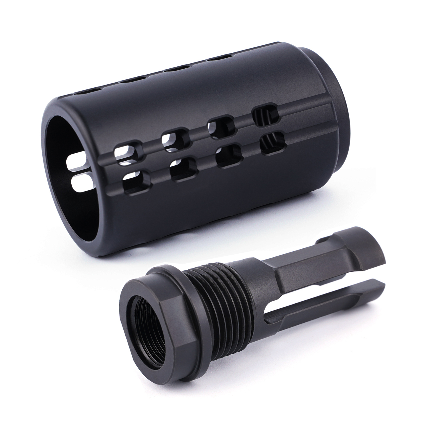 Stainless .300/.308/7.62 Muzzle Brake Device 5/8x24 with QD Blast Shield + Jam Nut & Crush