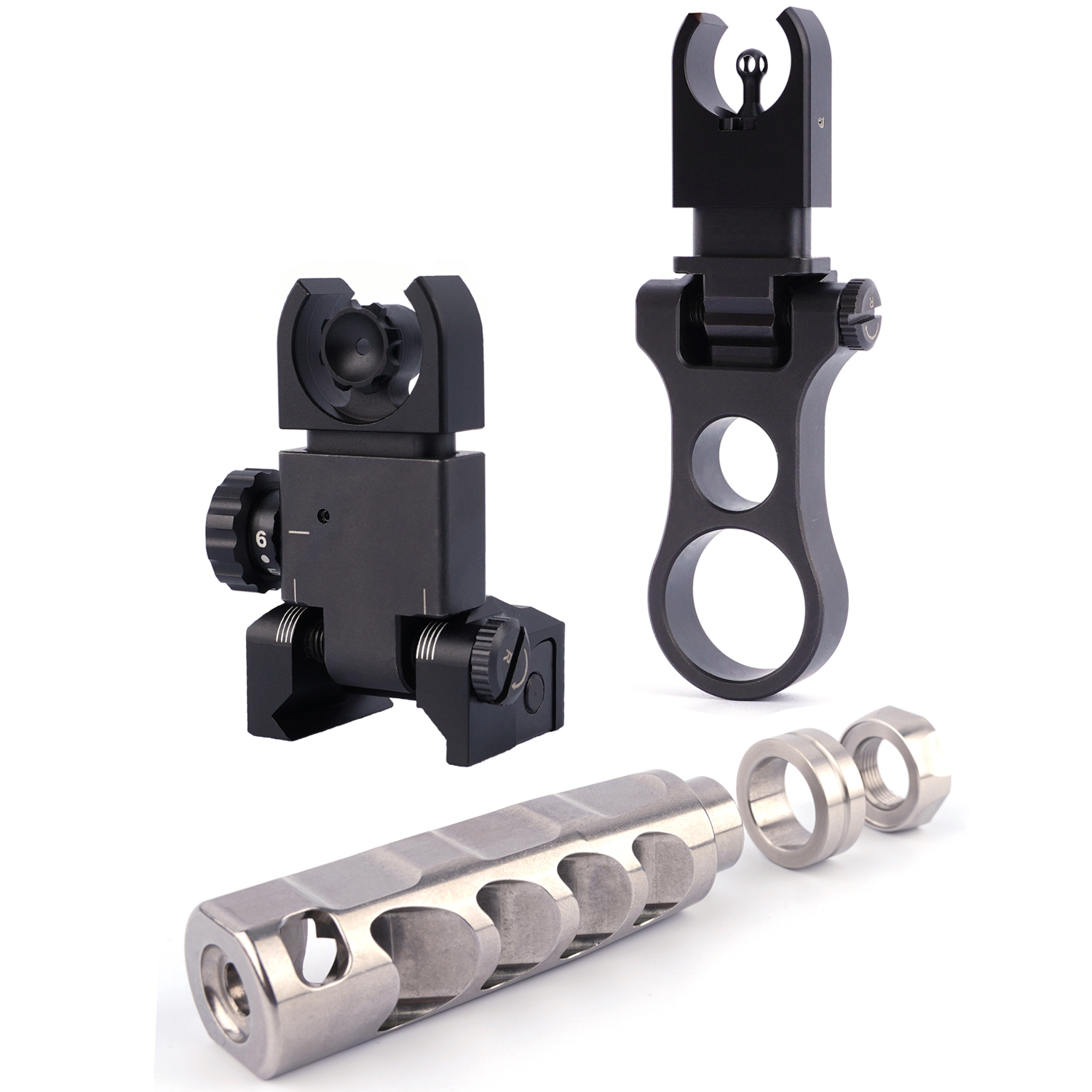 AR10 Sight System Combo Stainless Silver Muzzle Brake and FlipUp Front