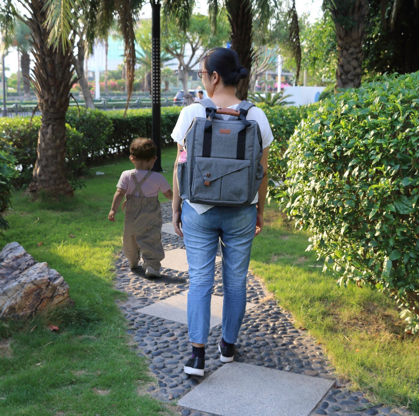 HapTim Multifunction Baby Diaper Bag Backpack with Stroller Straps, Gray