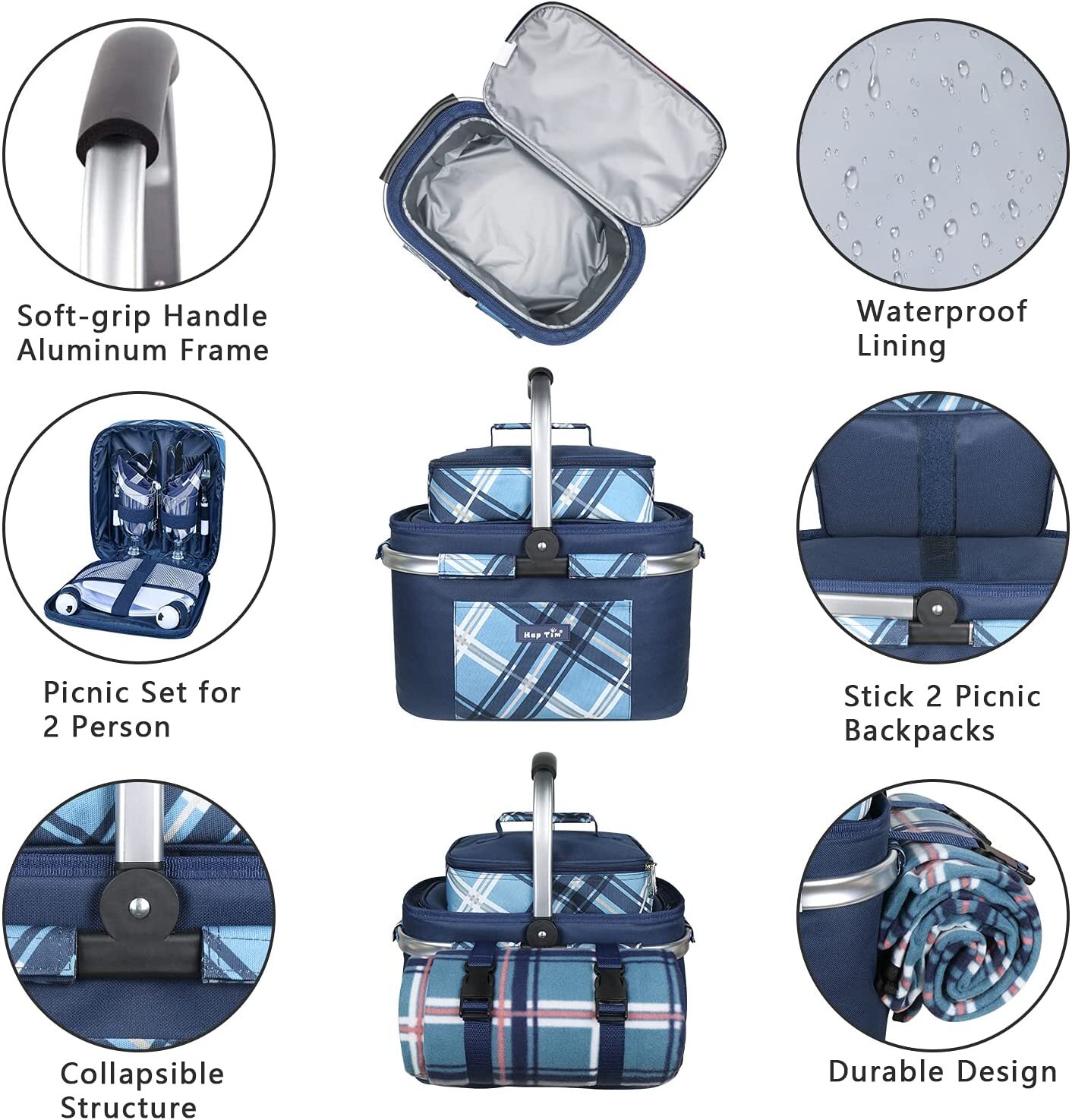 Best Hap Tim Picnic Basket Set for 2 Person with Roomy Insulated