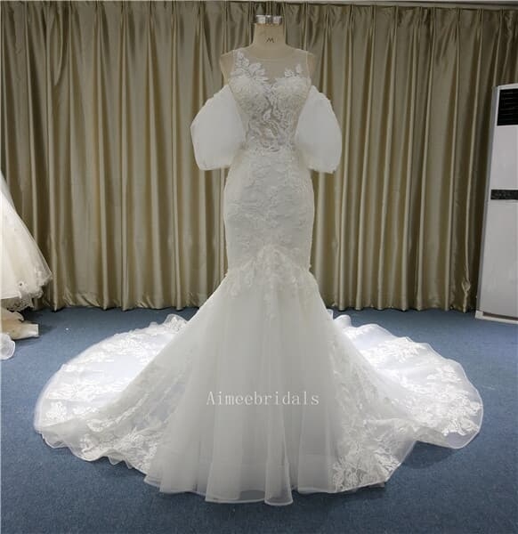 Mermaid/ Trumpet Bateau Neck train wedding dress  lace tulle over the satin detachable mandarin sleeves made to measure/wholesales wedding dress with Appliques.