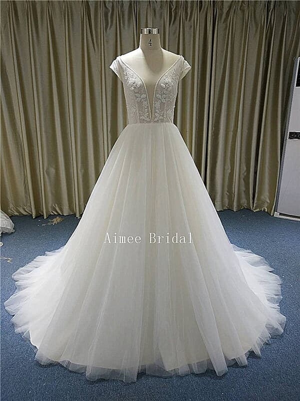 A-Line V Neck Sweep / Court Train tulle /sequin lace wholesale wedding dress with Appliques