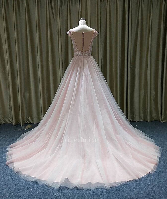A-Line V Neck Sweep / Court Train tulle /sequin lace wholesale wedding dress with Appliques