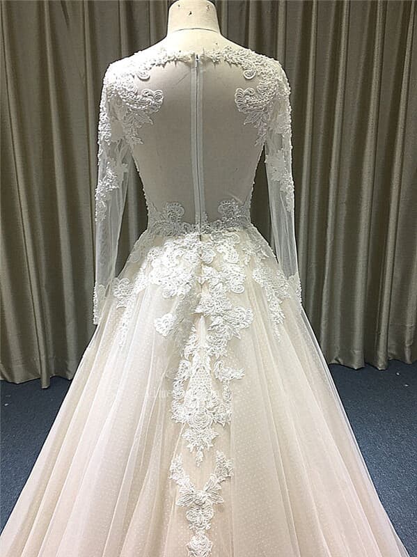 A line Jewel Neck chapel train lace/tulle/lacme over satin supply custom wedding dress with pearls /bell sleeve/sex back with button.